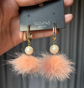 Pink Fluffy Pom Earrings by ShidaiMei