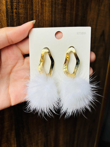 White Fluffy Pom Earrings