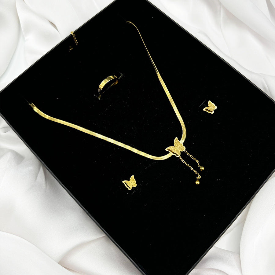 Butterfly Golden Pendant Necklace Set (Without Ring)