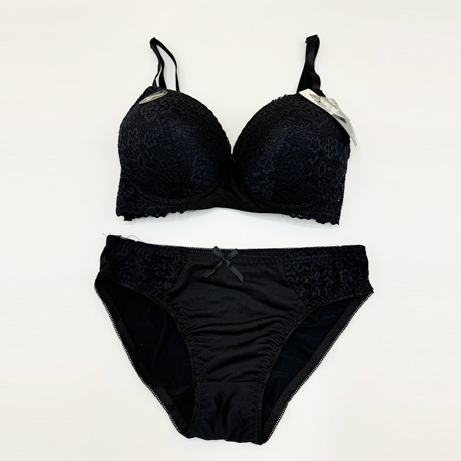 Black Embroidered Lingerie Set with Pushup Bra